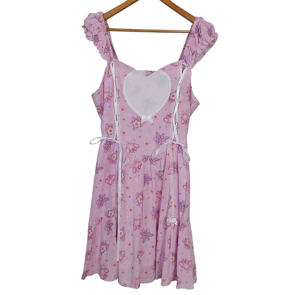 Sweet Society Hot Topic Pink Kawaii Wings Tiered Dress Heart Lace Up Size Large - Picture 2 of 9